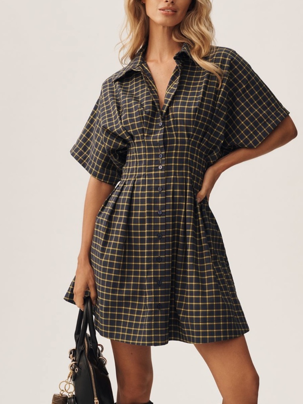 Exquise Tobie Collared Button-Down Mini Shirt Dress Anthropologie Navy Plaid NEW - Picture 6 of 15